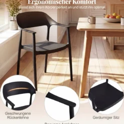 4er Set Stapelbare Esszimmerstühle bis 150 kg Belastbar Küchenstuhl aus Kunststoff Schwarz