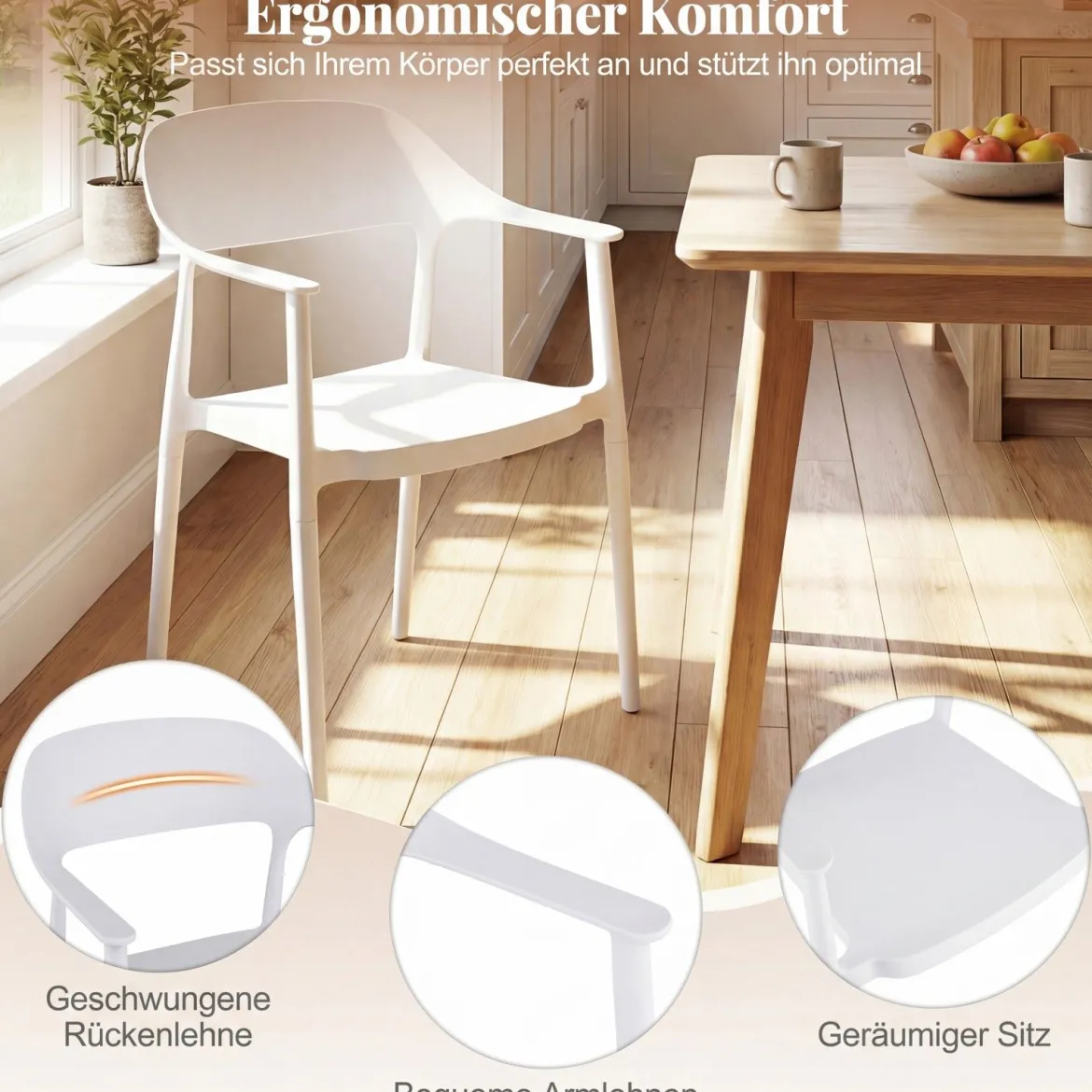 4er Set Stapelbare Esszimmerstühle bis 150 kg Belastbar Küchenstuhl aus Kunststoff Weiß