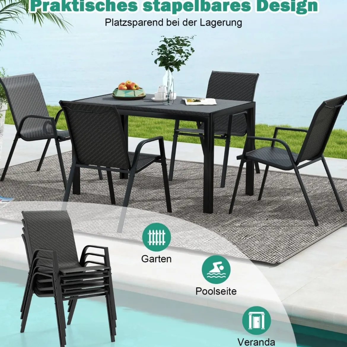 4er Set Stapelbare Gartenstühle aus PE-Rattan mit Armlehnen Stapelstühle 66 x 51 x 84 cm