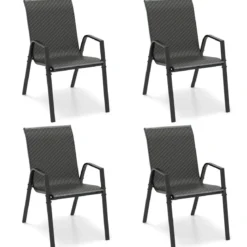 4er Set Stapelbare Gartenstühle aus PE-Rattan mit Armlehnen Stapelstühle 66 x 51 x 84 cm