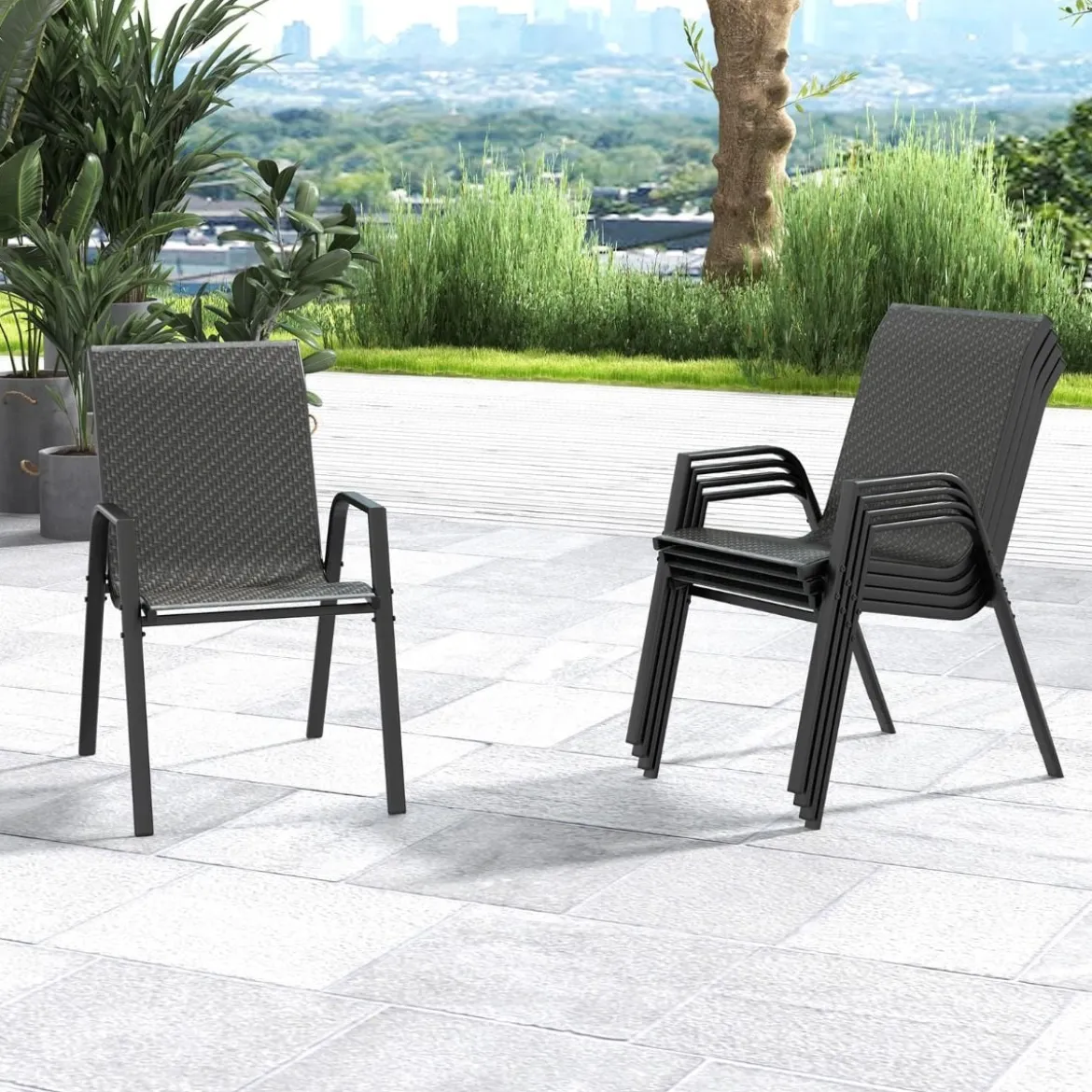 4er Set Stapelbare Gartenstühle aus PE-Rattan mit Armlehnen Stapelstühle 66 x 51 x 84 cm
