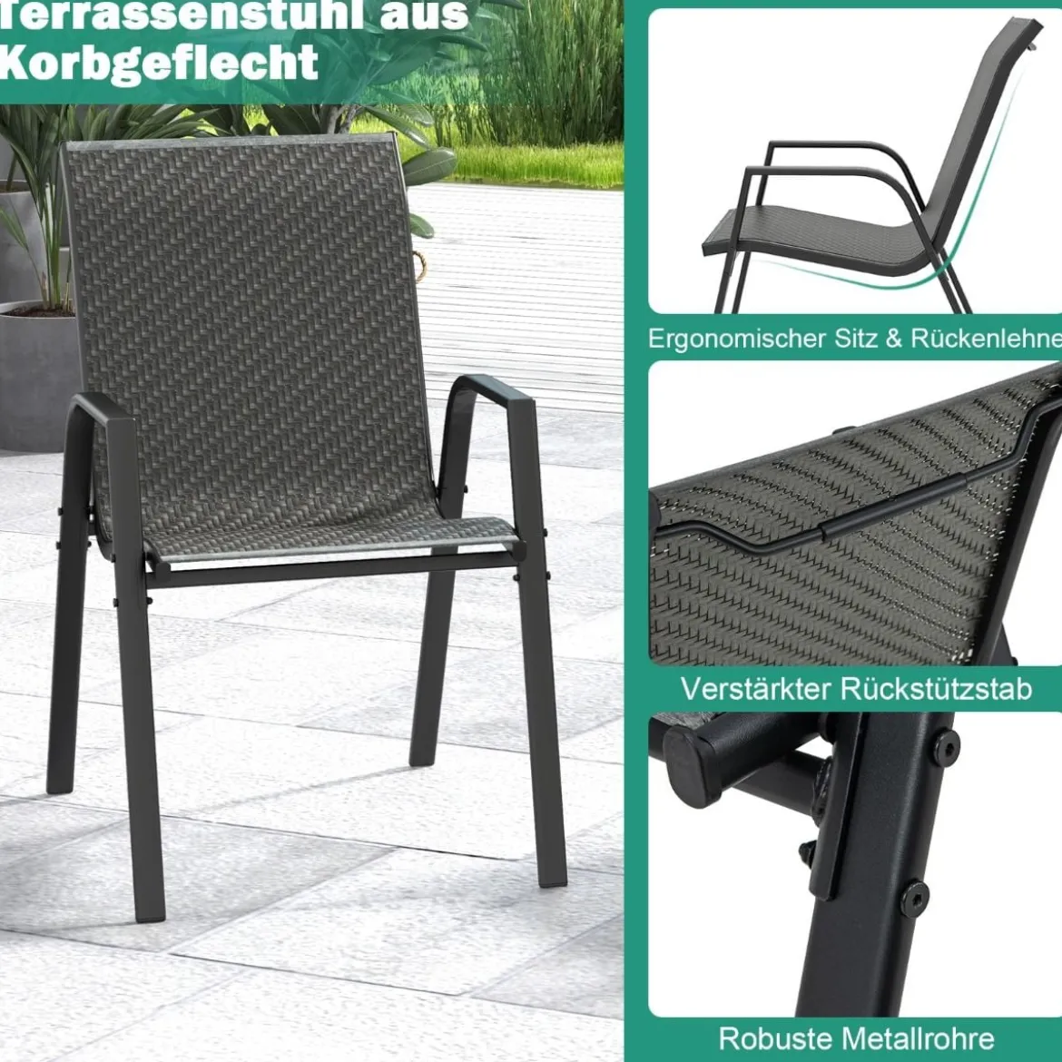 4er Set Stapelbare Gartenstühle aus PE-Rattan mit Armlehnen Stapelstühle 66 x 51 x 84 cm