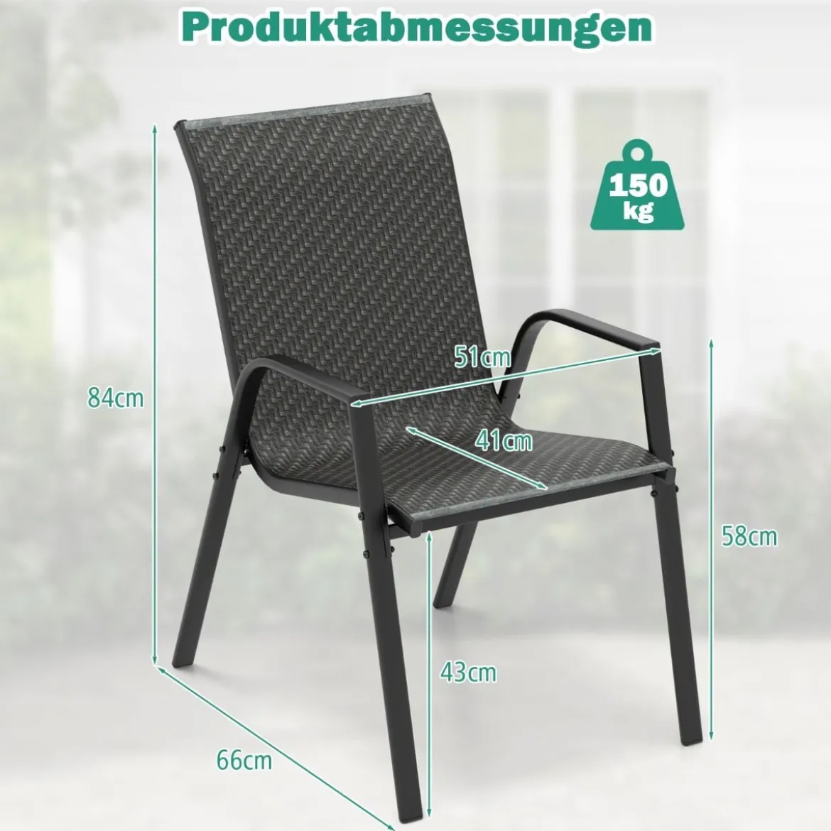 4er Set Stapelbare Gartenstühle aus PE-Rattan mit Armlehnen Stapelstühle 66 x 51 x 84 cm