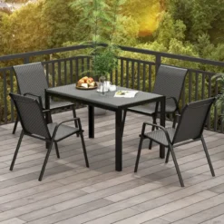 4er Set Stapelbare Gartenstühle aus PE-Rattan mit Armlehnen Stapelstühle 66 x 51 x 84 cm