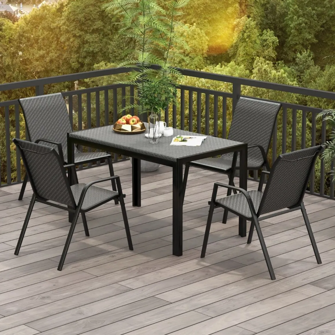 4er Set Stapelbare Gartenstühle aus PE-Rattan mit Armlehnen Stapelstühle 66 x 51 x 84 cm