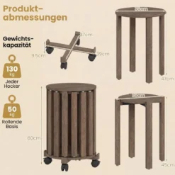 4er Set Stapelhocker mit Massivholzbeine & Rollenbasis Platzsparende Rund Holzhocker Walnuss