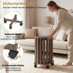 4er Set Stapelhocker mit Massivholzbeine & Rollenbasis Platzsparende Rund Holzhocker Walnuss