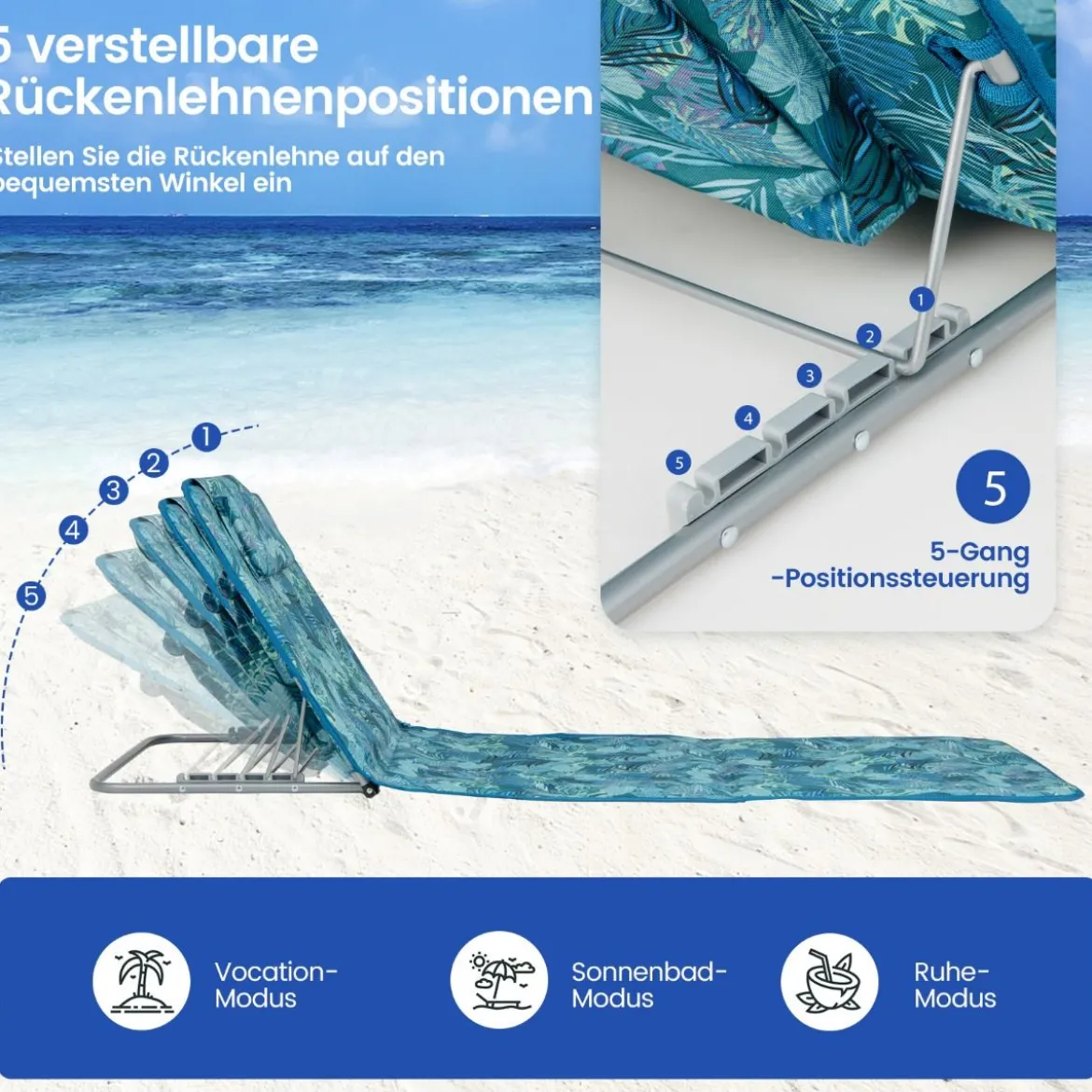 2er Set Strandmatte mit Beistelltisch Kopfkissen & Staufach Liegematte mit Verstellbarer Rückenlehne Türkisblau