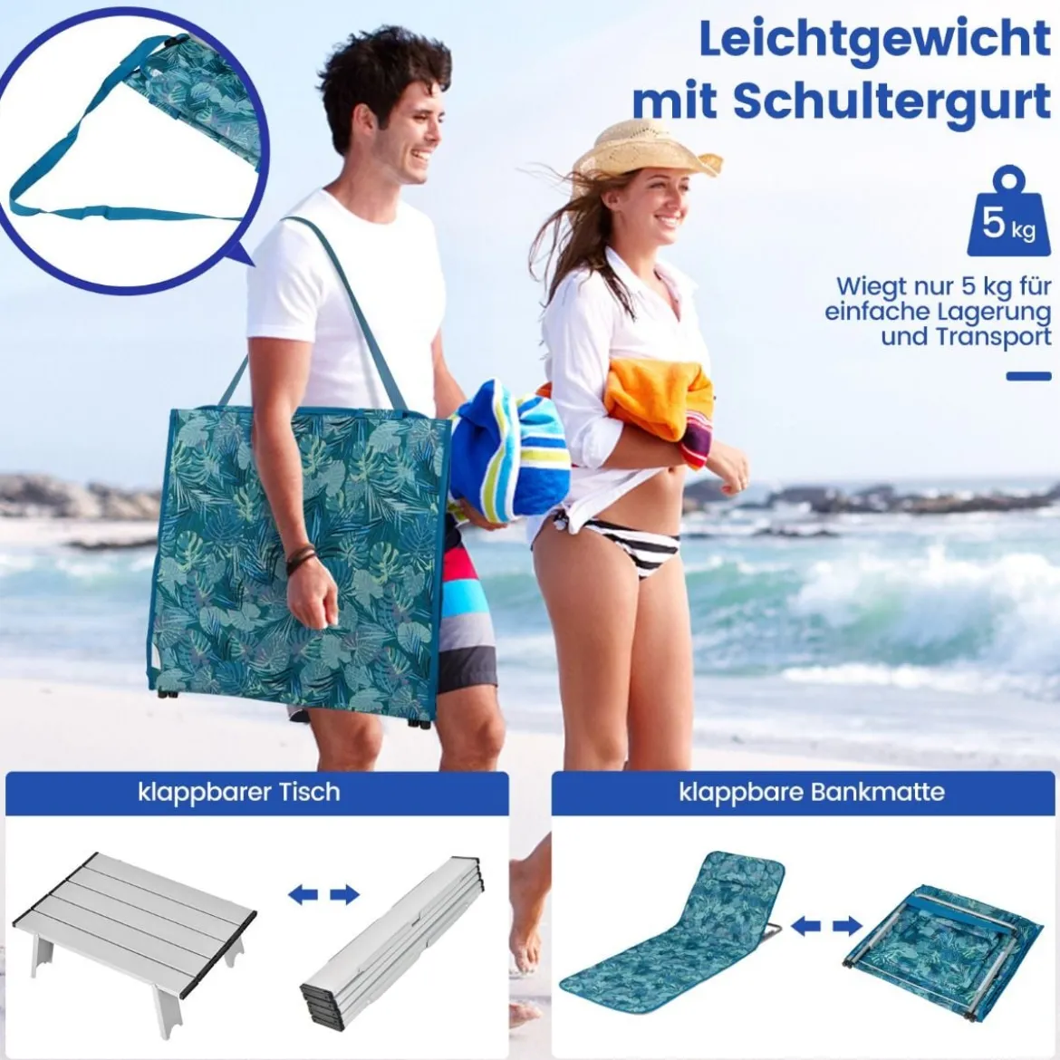 2er Set Strandmatte mit Beistelltisch Kopfkissen & Staufach Liegematte mit Verstellbarer Rückenlehne Türkisblau