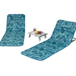 2er Set Strandmatte mit Beistelltisch Kopfkissen & Staufach Liegematte mit Verstellbarer Rückenlehne Türkisblau