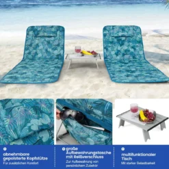 2er Set Strandmatte mit Beistelltisch Kopfkissen & Staufach Liegematte mit Verstellbarer Rückenlehne Türkisblau