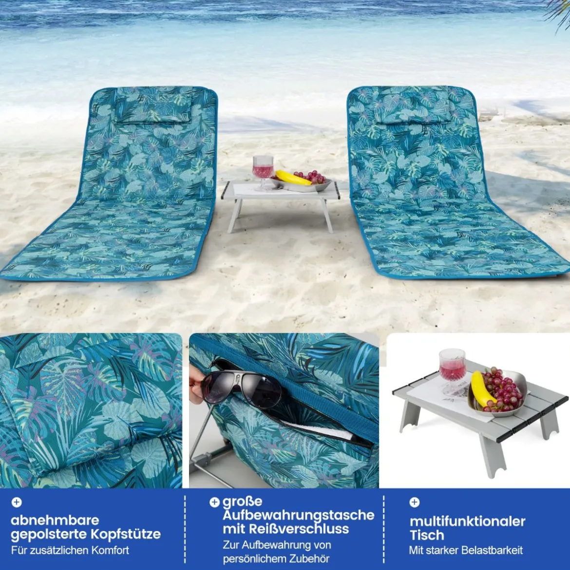 2er Set Strandmatte mit Beistelltisch Kopfkissen & Staufach Liegematte mit Verstellbarer Rückenlehne Türkisblau
