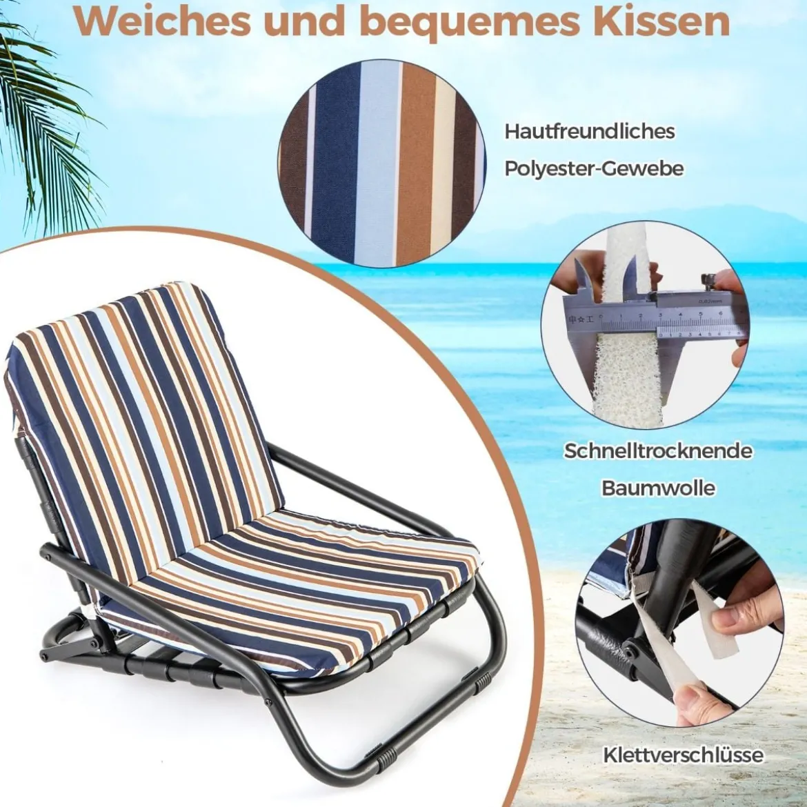 2er Set Strandstühle mit Kissen Klappbare Campingstühle Schnelltrocknende Baumwolle