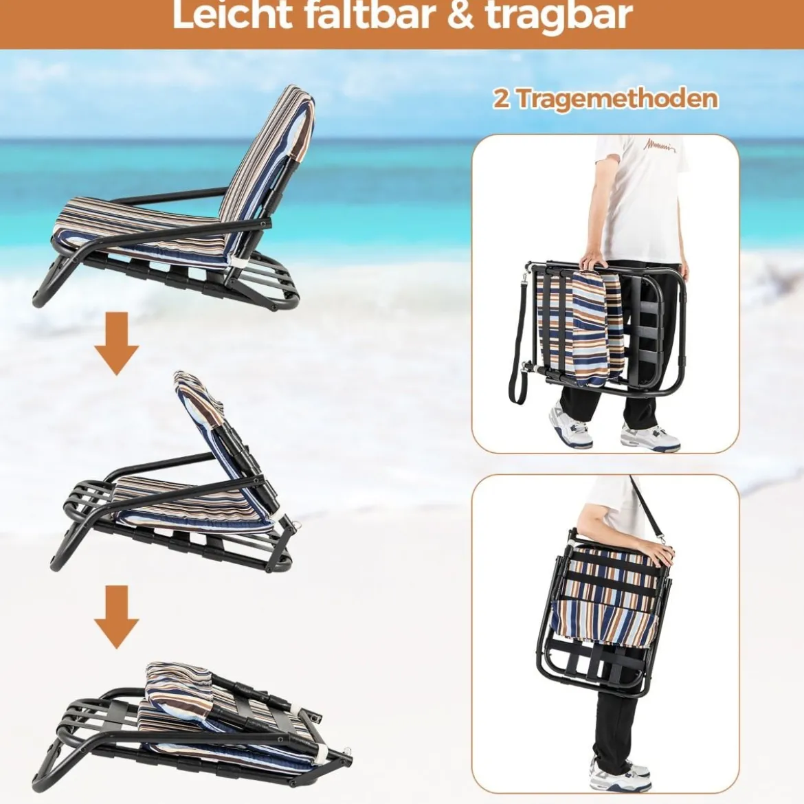 2er Set Strandstühle mit Kissen Klappbare Campingstühle Schnelltrocknende Baumwolle