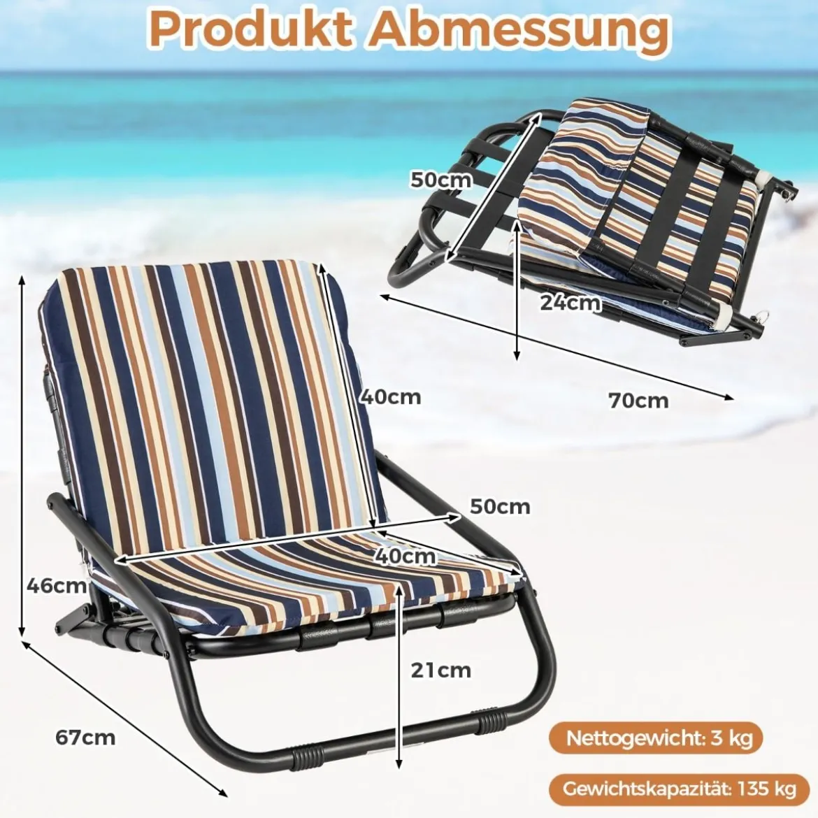 2er Set Strandstühle mit Kissen Klappbare Campingstühle Schnelltrocknende Baumwolle