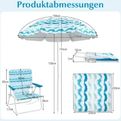2er Set Strandstühle mit Schirm & Stranddecke Sonnenschirm mit Tragetasche 2 Klappstühle Blau