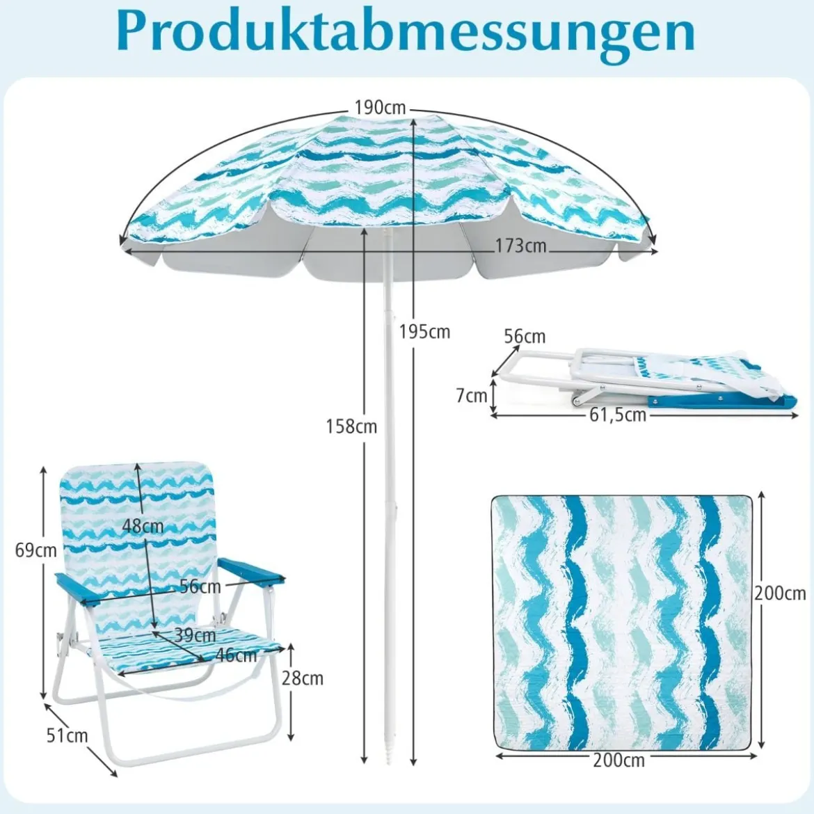 2er Set Strandstühle mit Schirm & Stranddecke Sonnenschirm mit Tragetasche 2 Klappstühle Blau