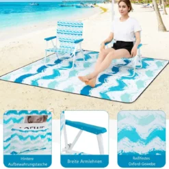 2er Set Strandstühle mit Schirm & Stranddecke Sonnenschirm mit Tragetasche 2 Klappstühle Blau