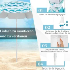 2er Set Strandstühle mit Schirm & Stranddecke Sonnenschirm mit Tragetasche 2 Klappstühle Blau
