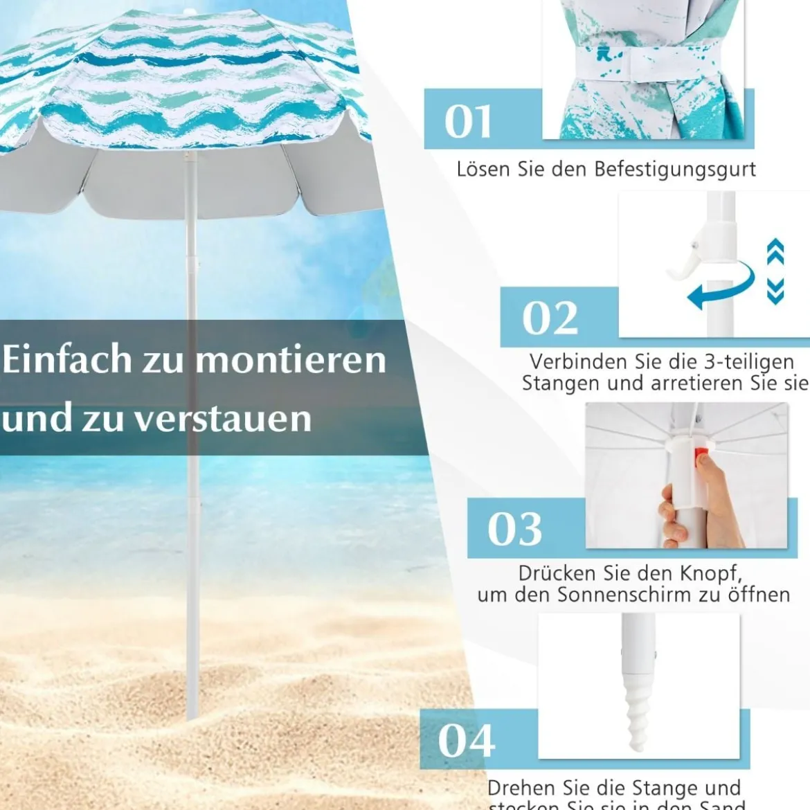 2er Set Strandstühle mit Schirm & Stranddecke Sonnenschirm mit Tragetasche 2 Klappstühle Blau
