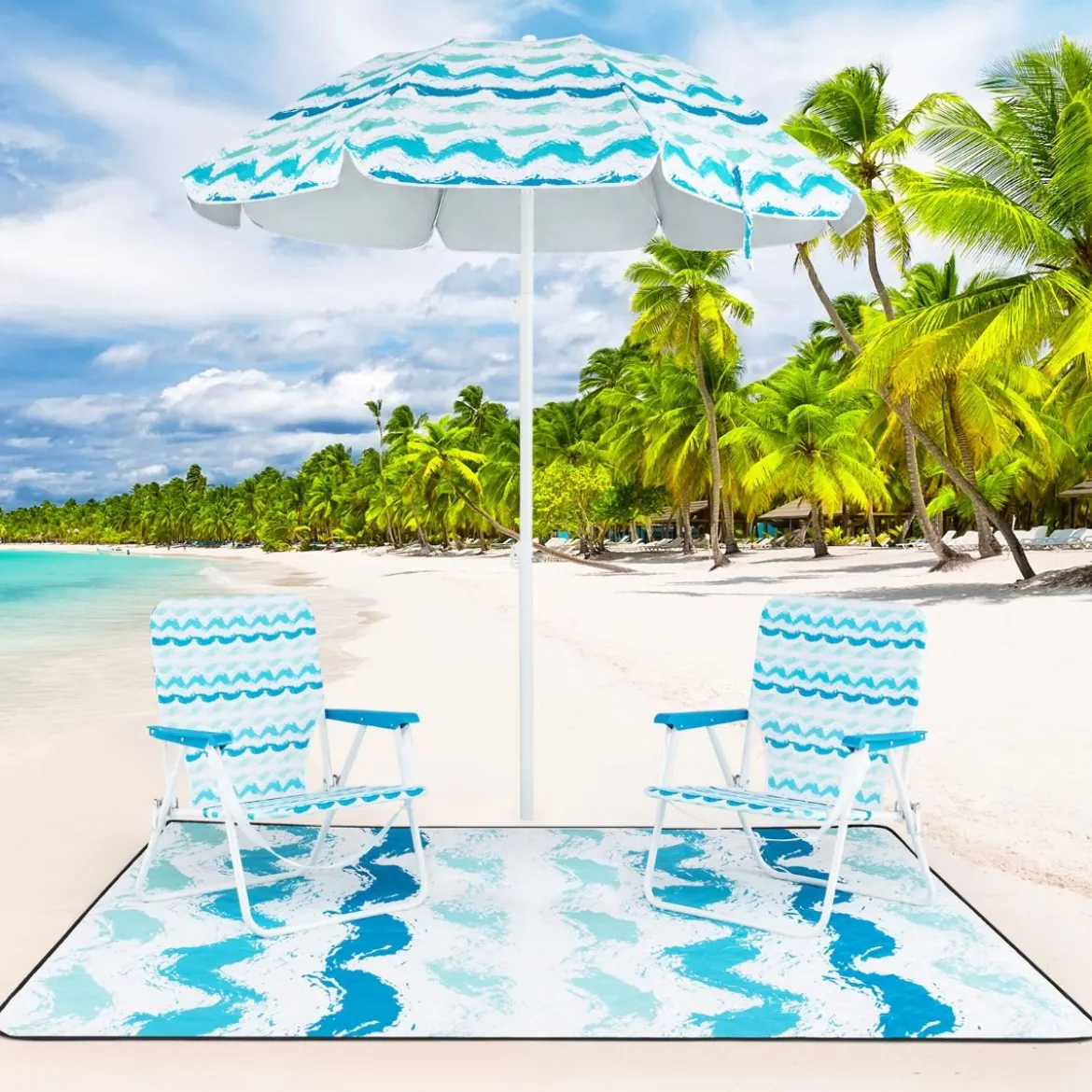 2er Set Strandstühle mit Schirm & Stranddecke Sonnenschirm mit Tragetasche 2 Klappstühle Blau