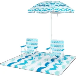 2er Set Strandstühle mit Schirm & Stranddecke Sonnenschirm mit Tragetasche 2 Klappstühle Blau