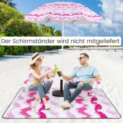 2er Set Strandstühle mit Schirm & Stranddecke Sonnenschirm mit Tragetasche 2 Klappstühle Rosa