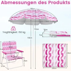 2er Set Strandstühle mit Schirm & Stranddecke Sonnenschirm mit Tragetasche 2 Klappstühle Rosa