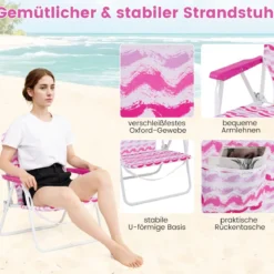 2er Set Strandstühle mit Schirm & Stranddecke Sonnenschirm mit Tragetasche 2 Klappstühle Rosa