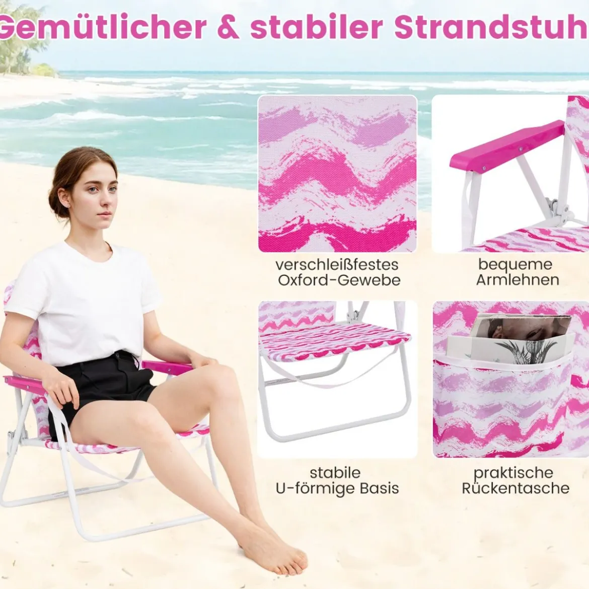2er Set Strandstühle mit Schirm & Stranddecke Sonnenschirm mit Tragetasche 2 Klappstühle Rosa