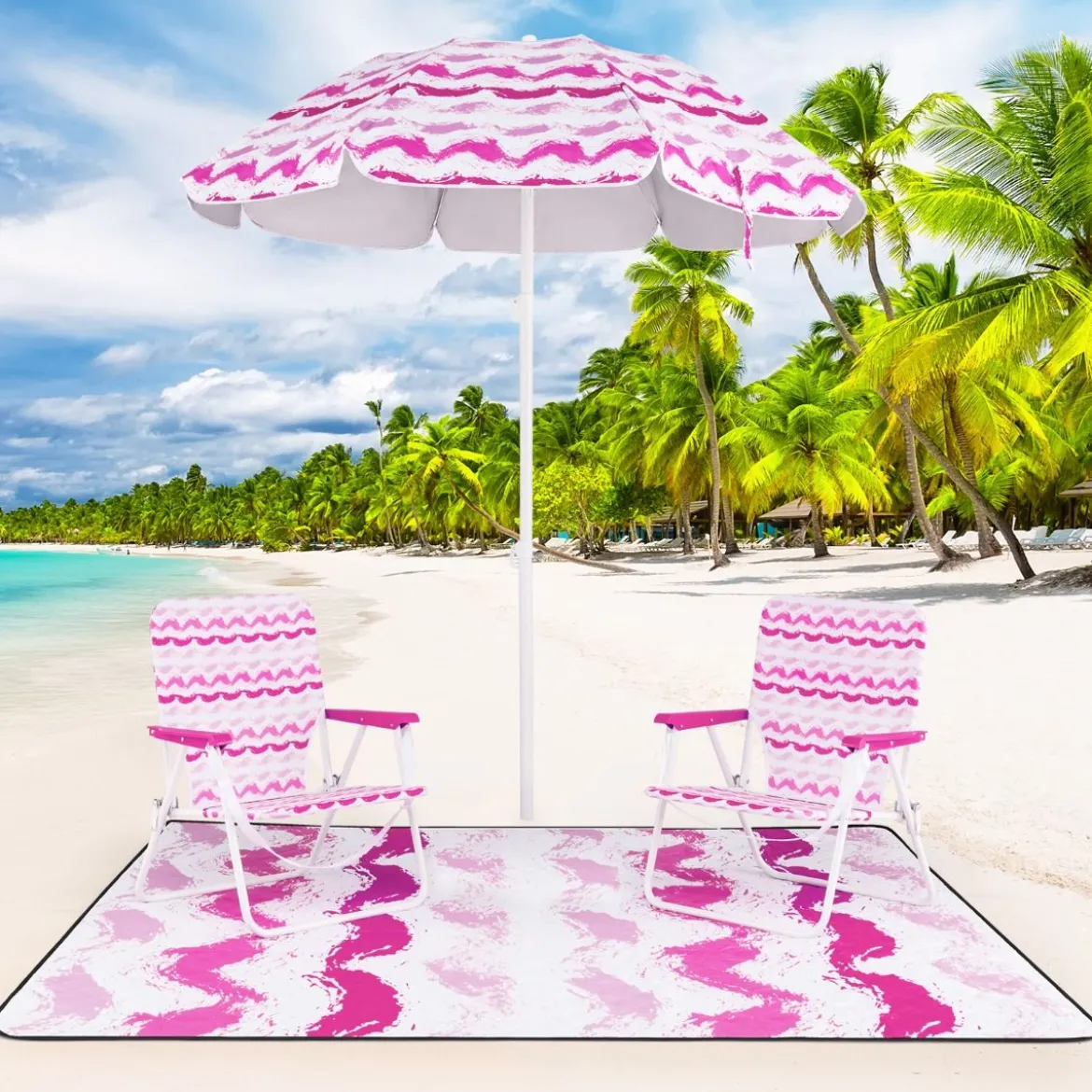 2er Set Strandstühle mit Schirm & Stranddecke Sonnenschirm mit Tragetasche 2 Klappstühle Rosa