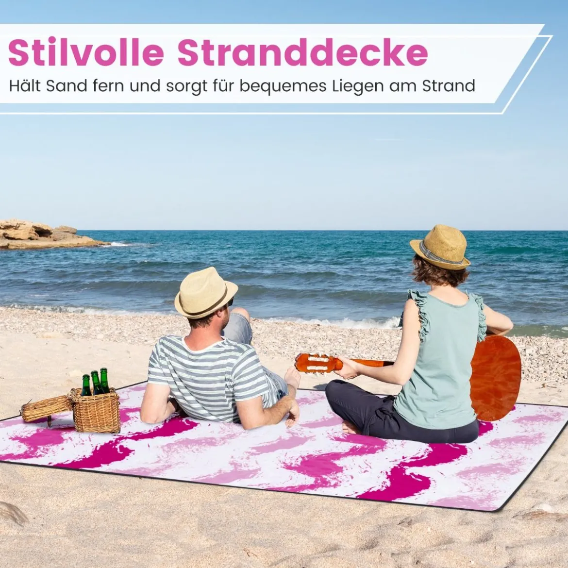 2er Set Strandstühle mit Schirm & Stranddecke Sonnenschirm mit Tragetasche 2 Klappstühle Rosa