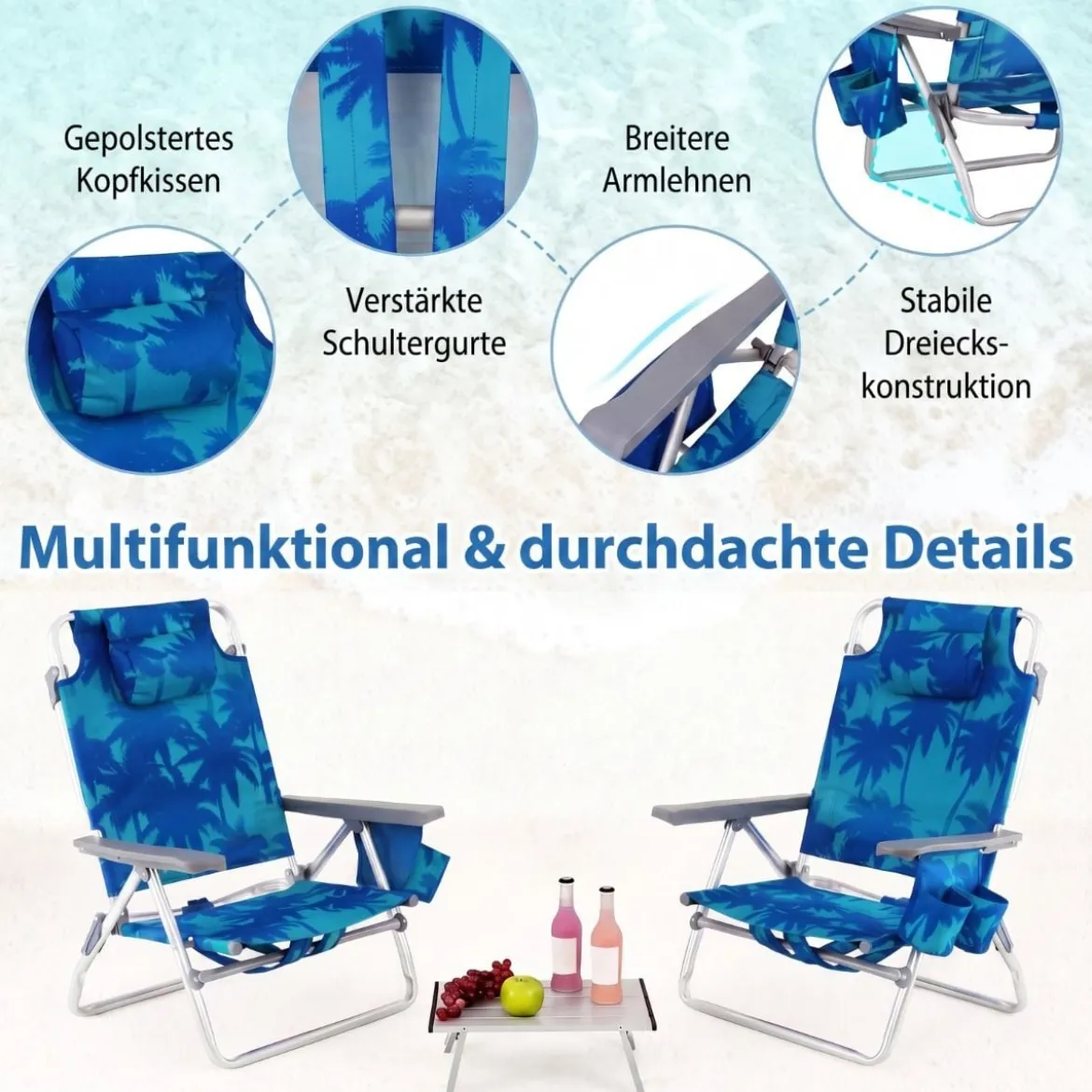 2er Set Strandstühle mit Tisch Klappbare Campingstühle mit Verstellbarer Rückenlehne