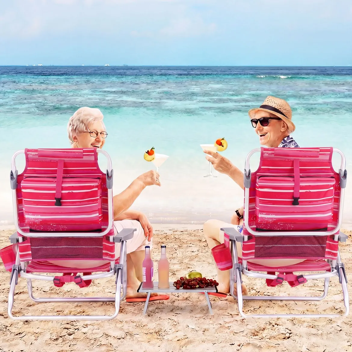 2er Set Strandstühle mit Tisch Klappbare Campingstühle mit Verstellbarer Rückenlehne