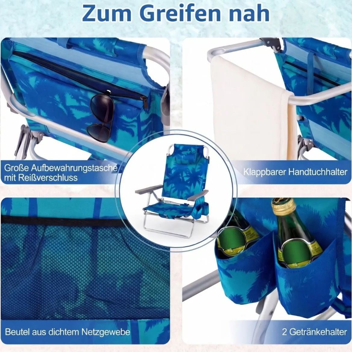 2er Set Strandstühle mit Tisch Klappbare Campingstühle mit Verstellbarer Rückenlehne