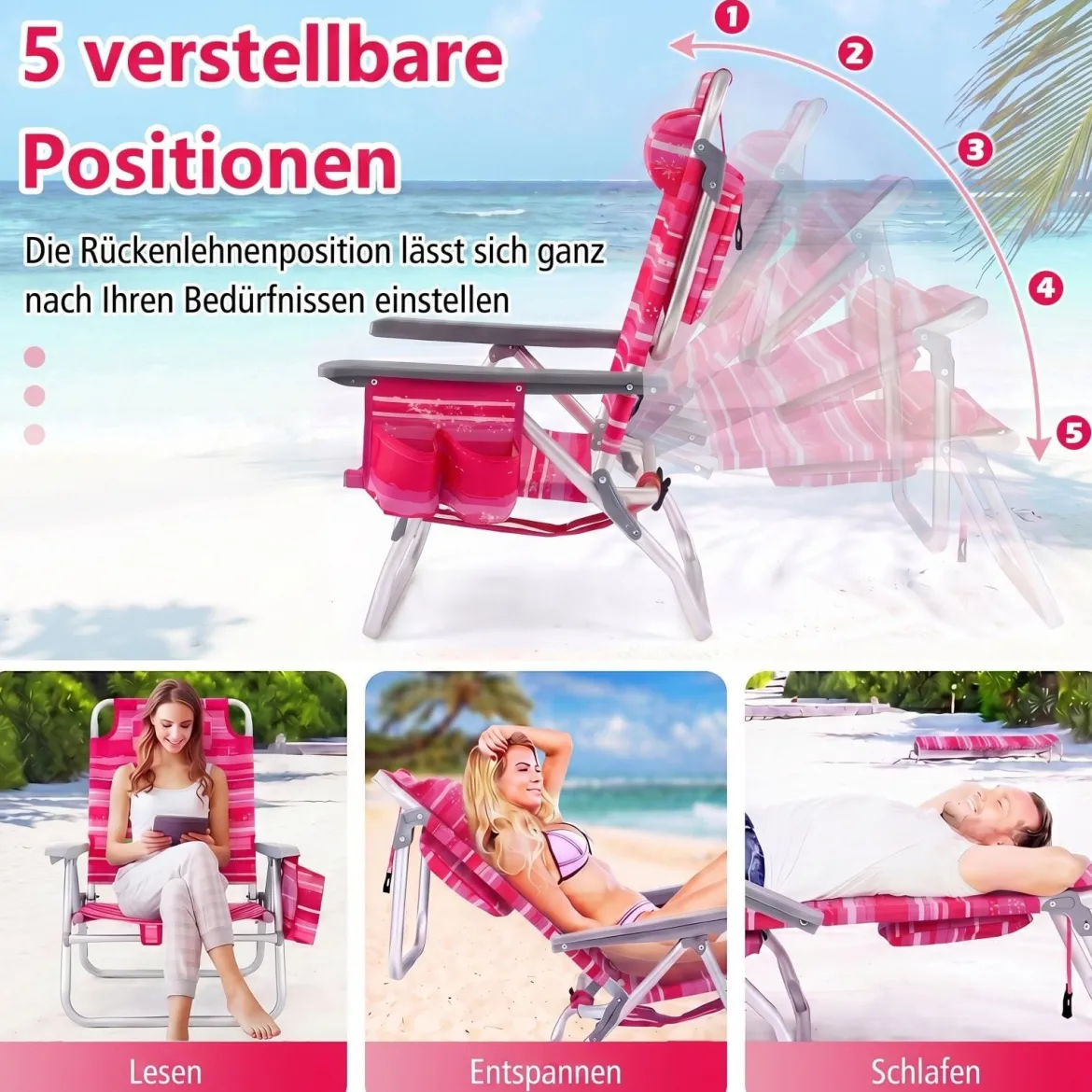 2er Set Strandstühle mit Tisch Klappbare Campingstühle mit Verstellbarer Rückenlehne