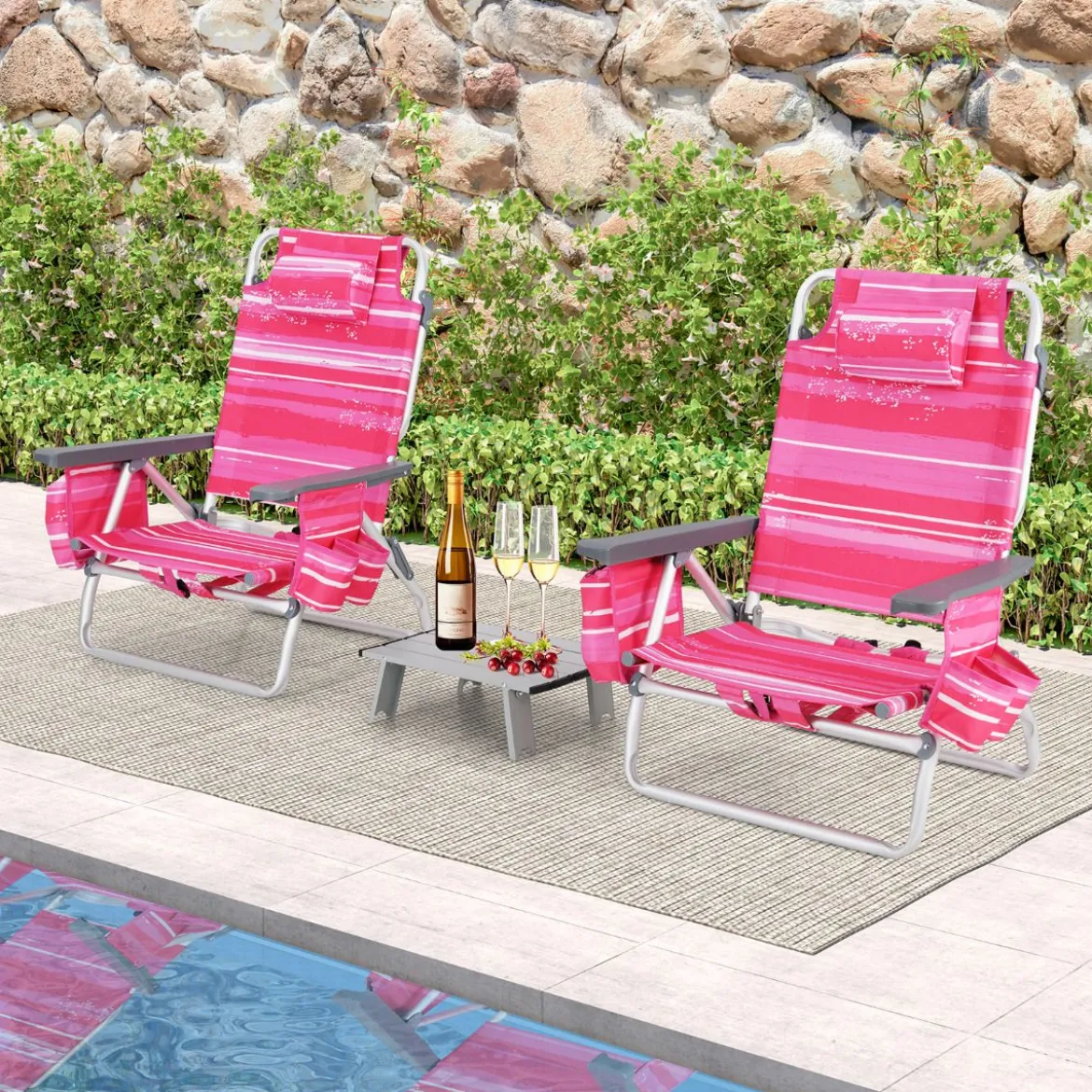 2er Set Strandstühle mit Tisch Klappbare Campingstühle mit Verstellbarer Rückenlehne