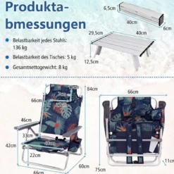 2er Set Strandstühle mit Tisch Klappbare Campingstühle mit Verstellbarer Rückenlehne
