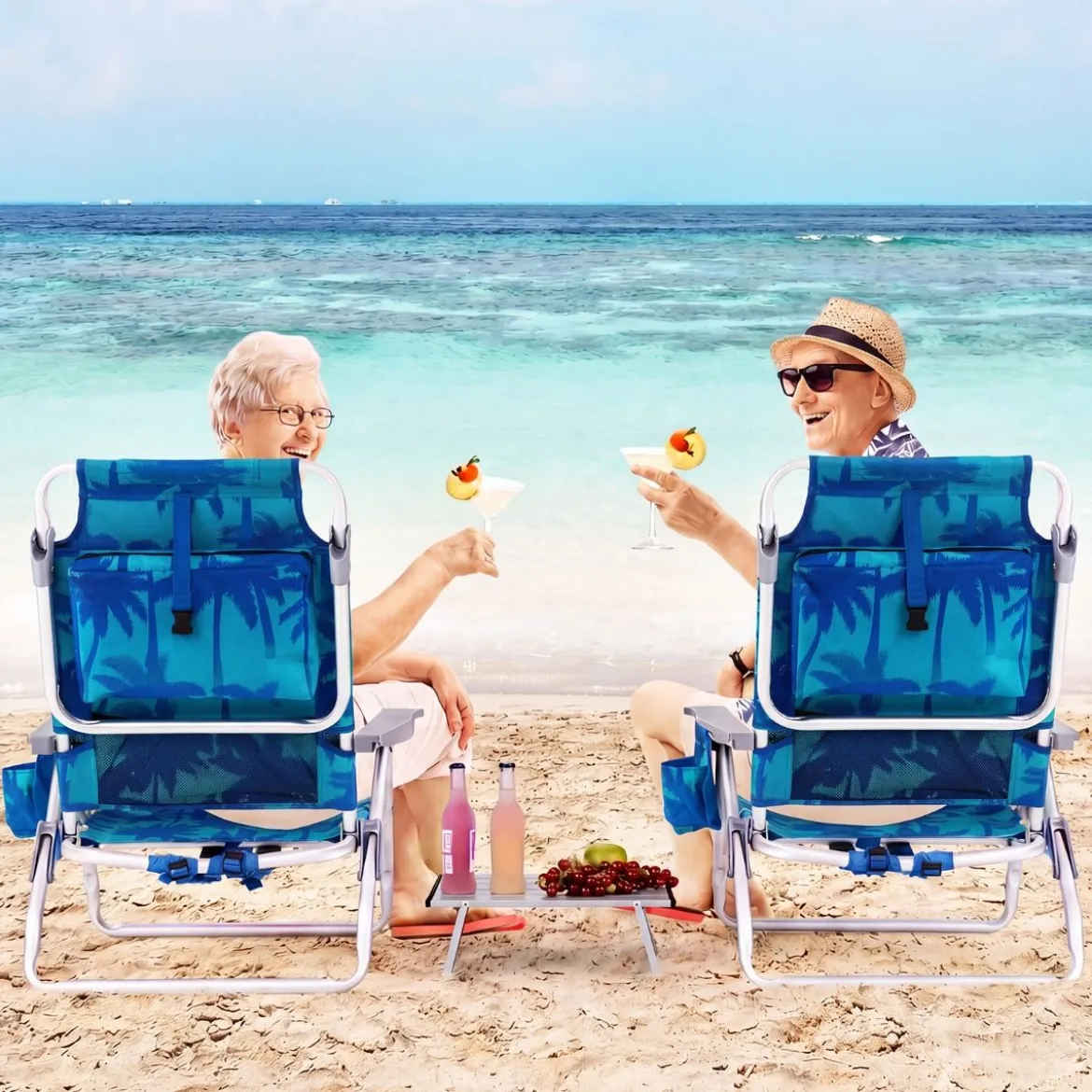 2er Set Strandstühle mit Tisch Klappbare Campingstühle mit Verstellbarer Rückenlehne