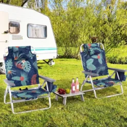 2er Set Strandstühle mit Tisch Klappbare Campingstühle mit Verstellbarer Rückenlehne