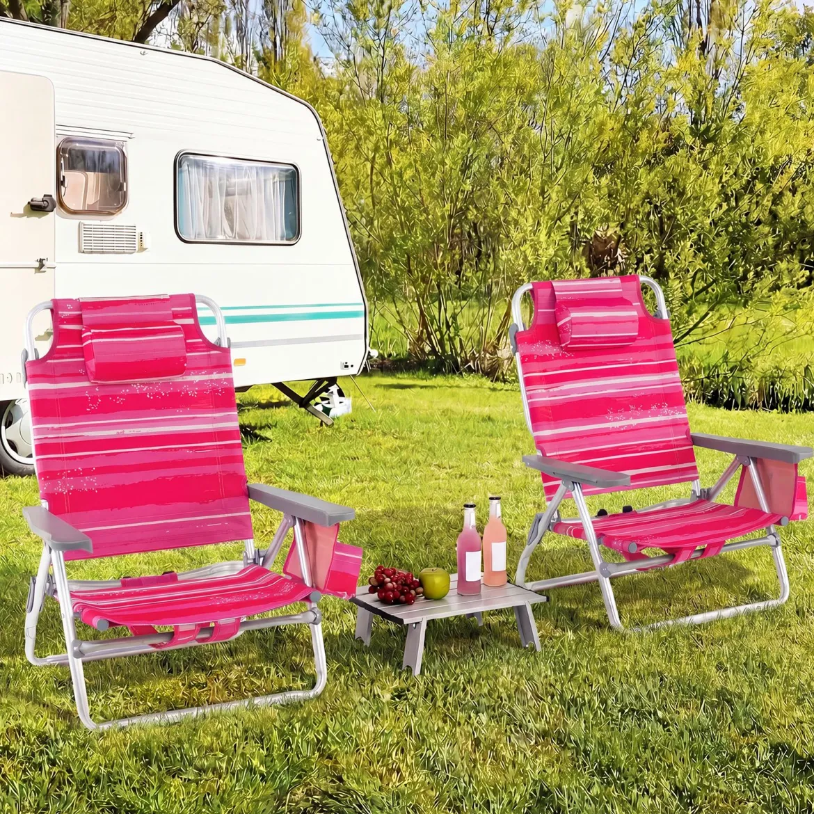 2er Set Strandstühle mit Tisch Klappbare Campingstühle mit Verstellbarer Rückenlehne