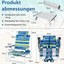 2er Set Strandstühle mit Tisch Klappbare Campingstühle mit Verstellbarer Rückenlehne
