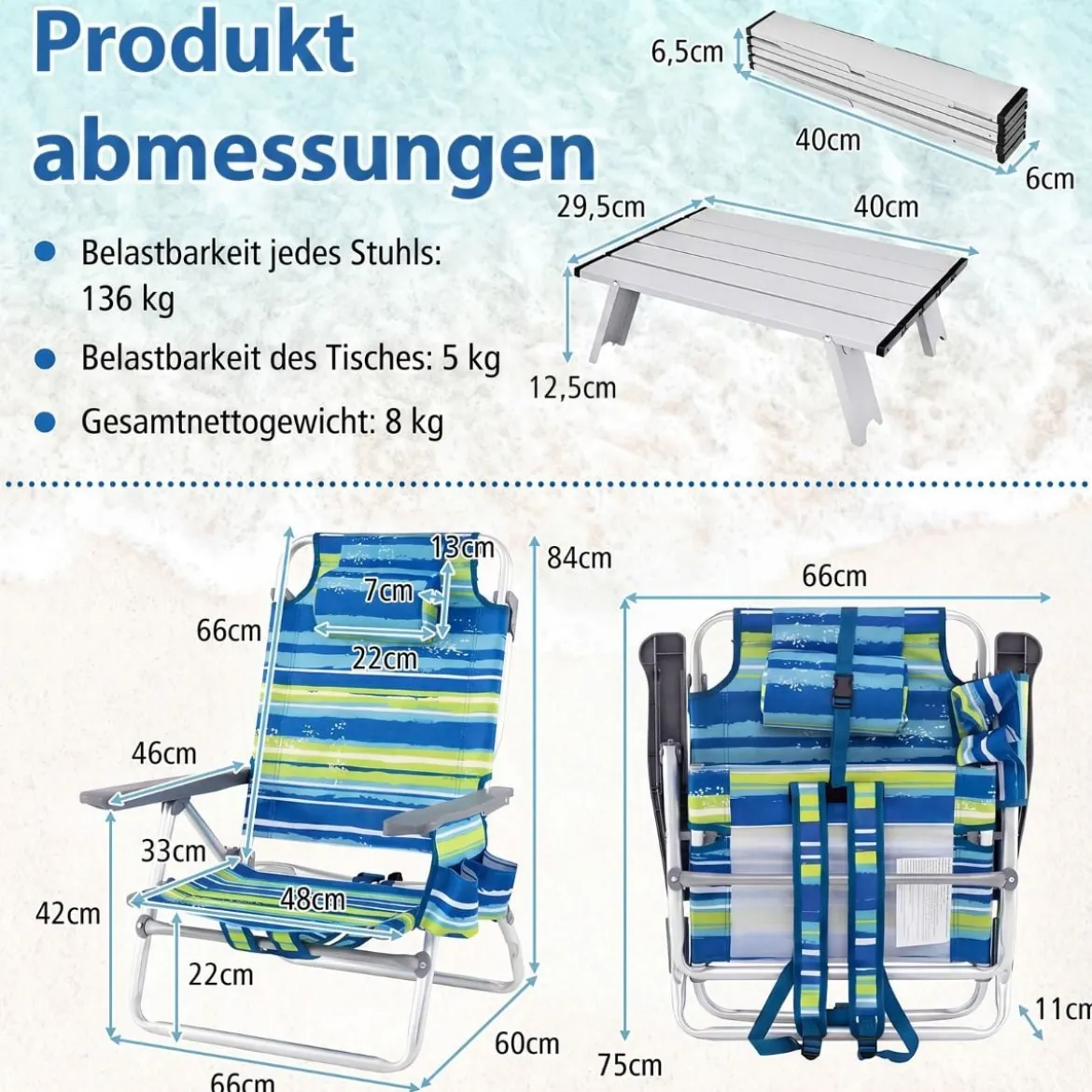 2er Set Strandstühle mit Tisch Klappbare Campingstühle mit Verstellbarer Rückenlehne