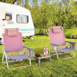 2er Set Strandstühle mit Tisch Klappbare Campingstühle mit Verstellbarer Rückenlehne