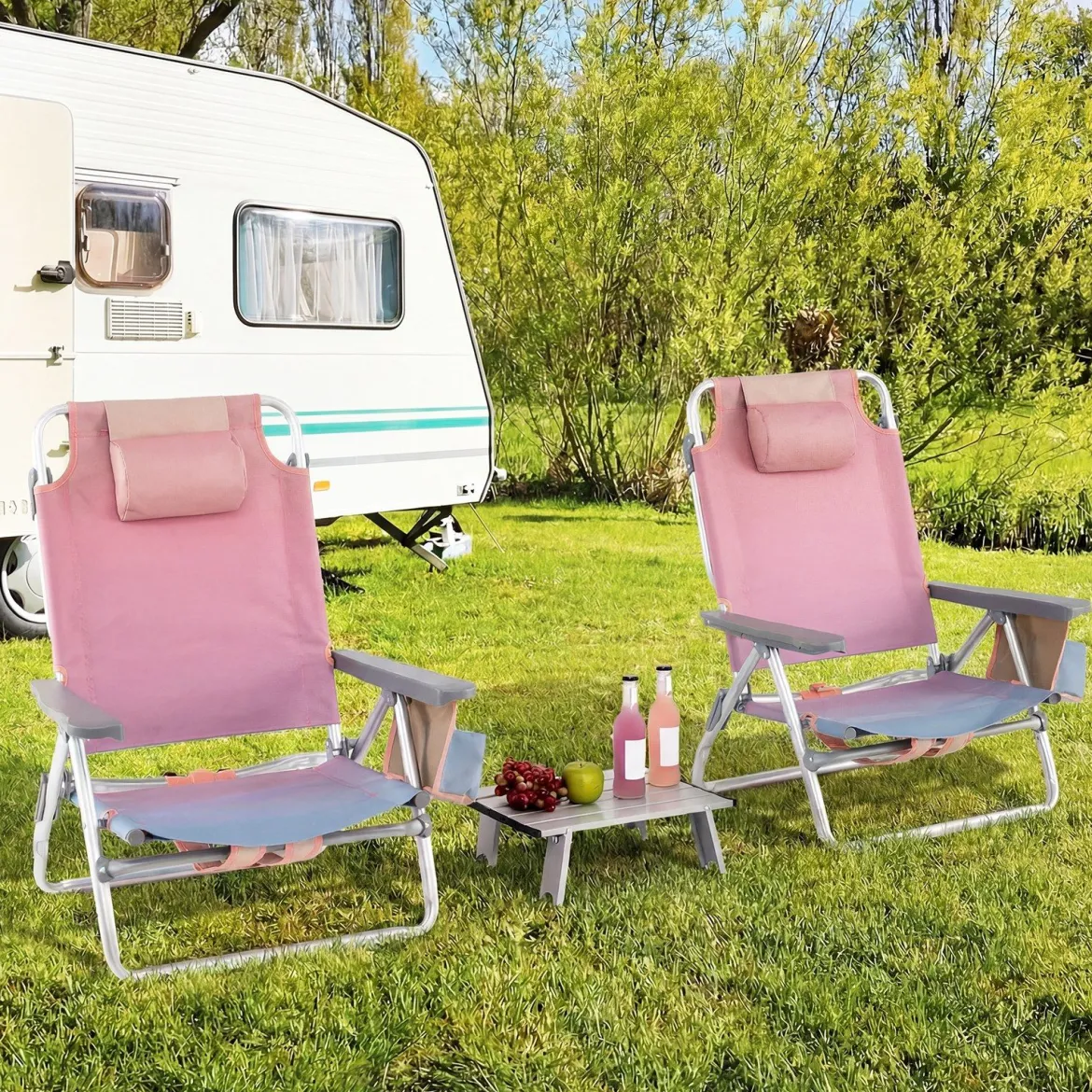 2er Set Strandstühle mit Tisch Klappbare Campingstühle mit Verstellbarer Rückenlehne