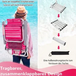 2er Set Strandstühle mit Tisch Klappbare Campingstühle mit Verstellbarer Rückenlehne