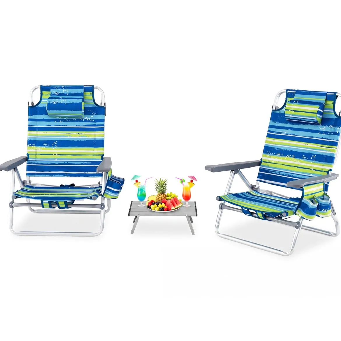 2er Set Strandstühle mit Tisch Klappbare Campingstühle mit Verstellbarer Rückenlehne