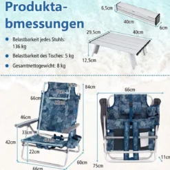2er Set Strandstühle mit Tisch Klappbare Campingstühle mit Verstellbarer Rückenlehne