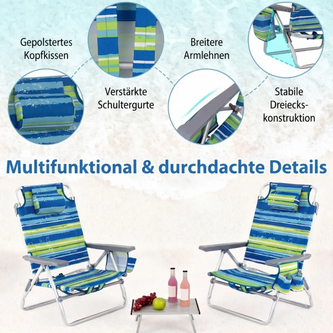 2er Set Strandstühle mit Tisch Klappbare Campingstühle mit Verstellbarer Rückenlehne
