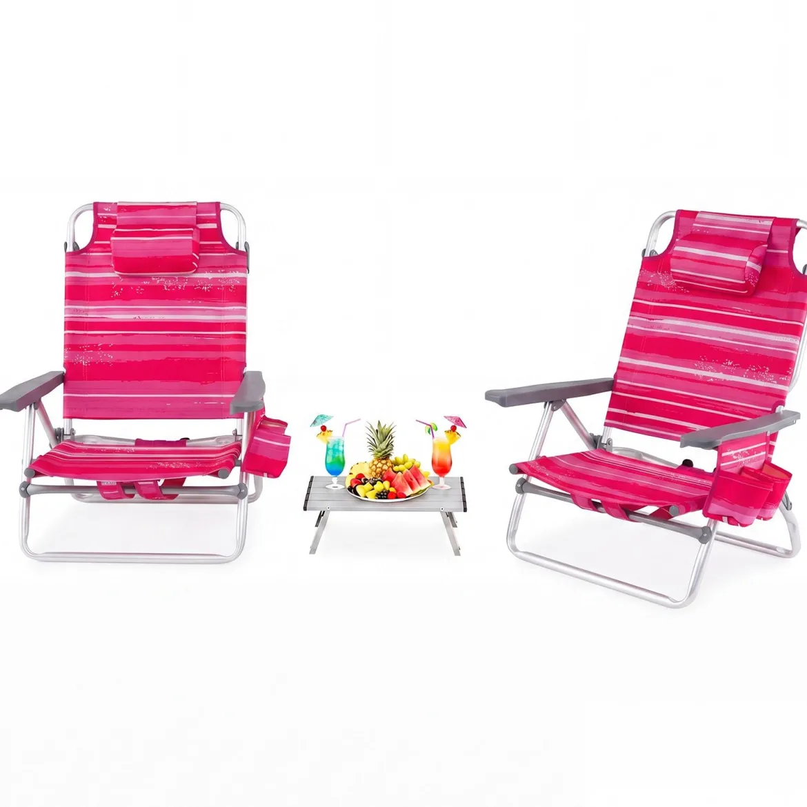 2er Set Strandstühle mit Tisch Klappbare Campingstühle mit Verstellbarer Rückenlehne